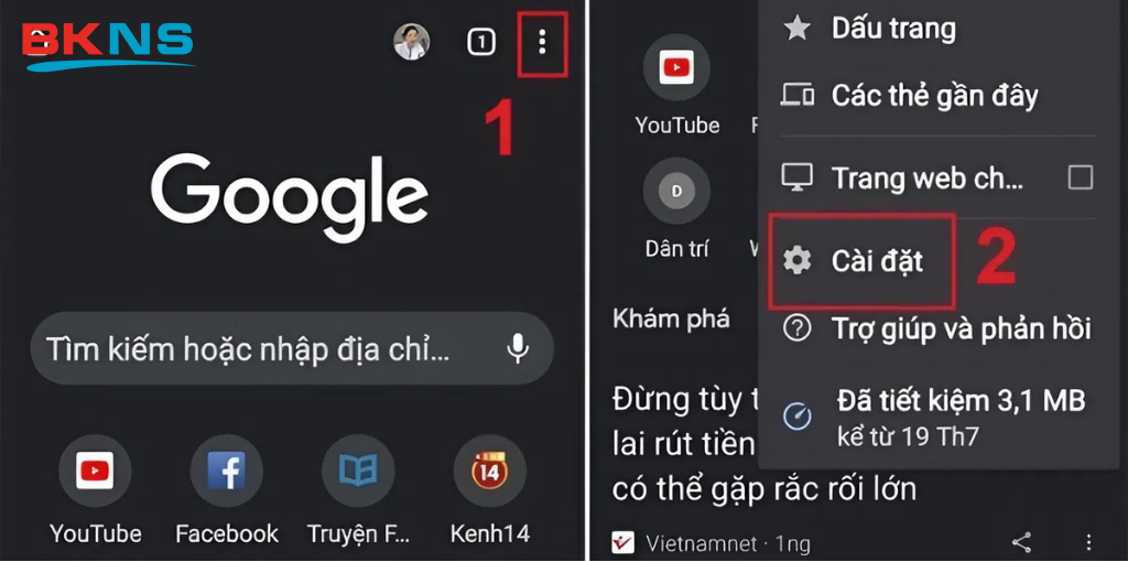 Truy cập vào mục Cài đặt trong trình duyệt Google Chrome trên điện thoại Android