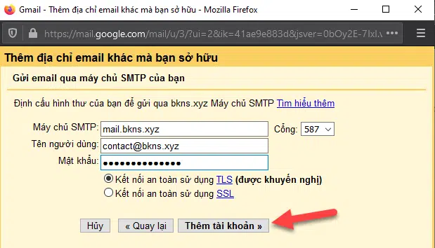 Nhập thông tin cấu hình server xong ấn Thêm tài khoản