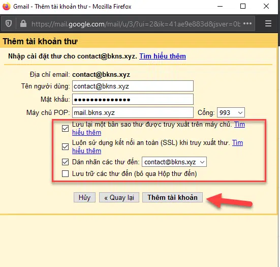 Điền thông tin server và tích chọn như ảnh