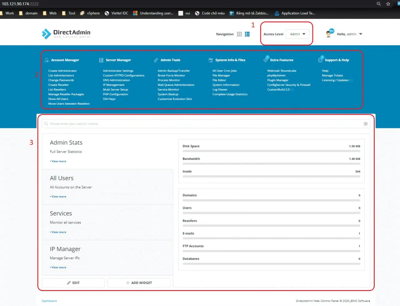 Giao diện DirectAdmin được chia thành các khu vực với các chức năng khác nhau