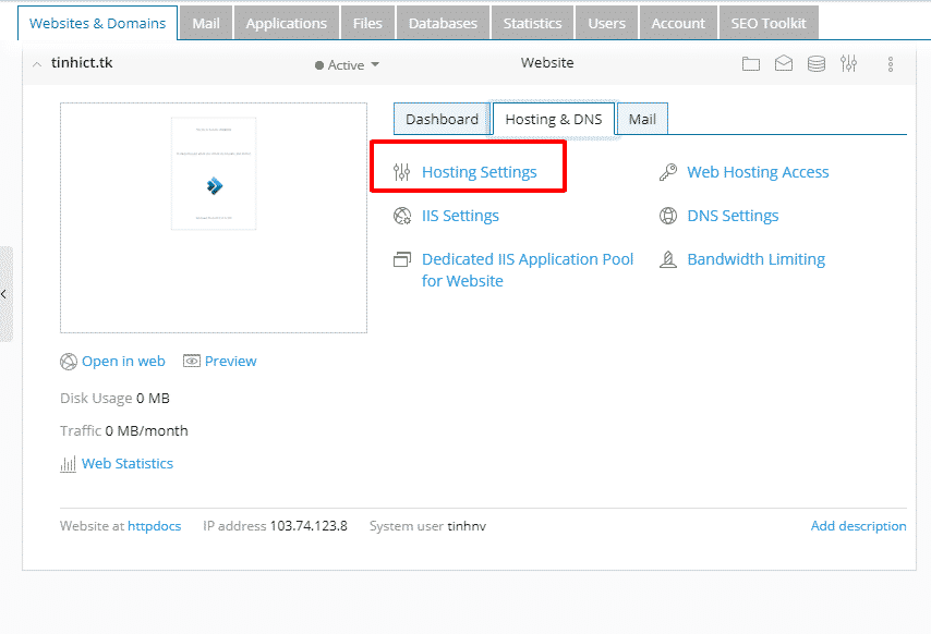 Vào tab Hosting & DNS Hosting Settings