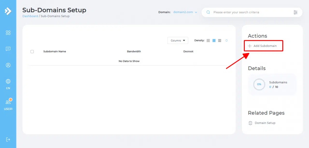 Lựa chọn Add Subdomain