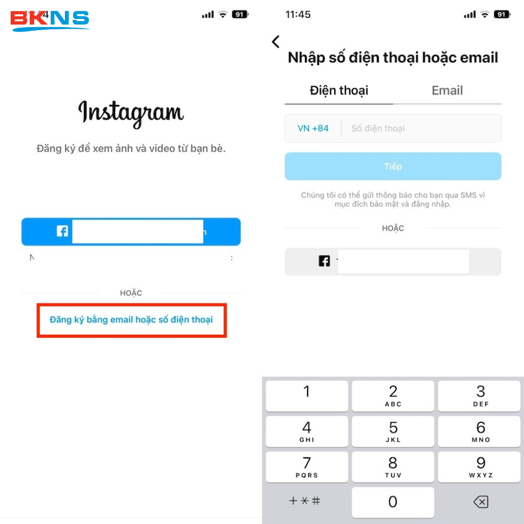 Chọn đăng ký bằng số điện thoại