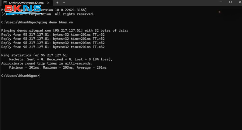 Gõ lệnh ping domain