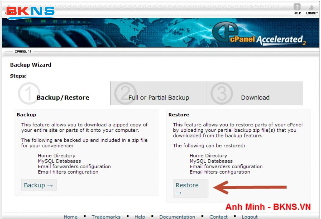 Sau khi click Backup Wizard nhấn chọn Restore