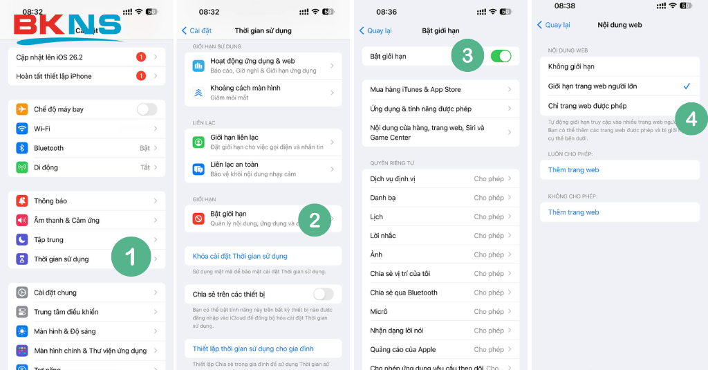 Kích hoạt tính năng "Giới hạn nội dung" trong phần Thời gian sử dụng để chặn các trang web không phù hợp trên iPhone
