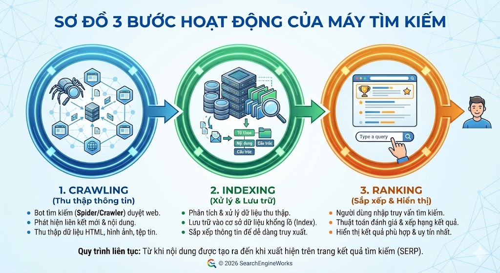 Sơ đồ 3 bước hoạt động của Máy tìm kiếm