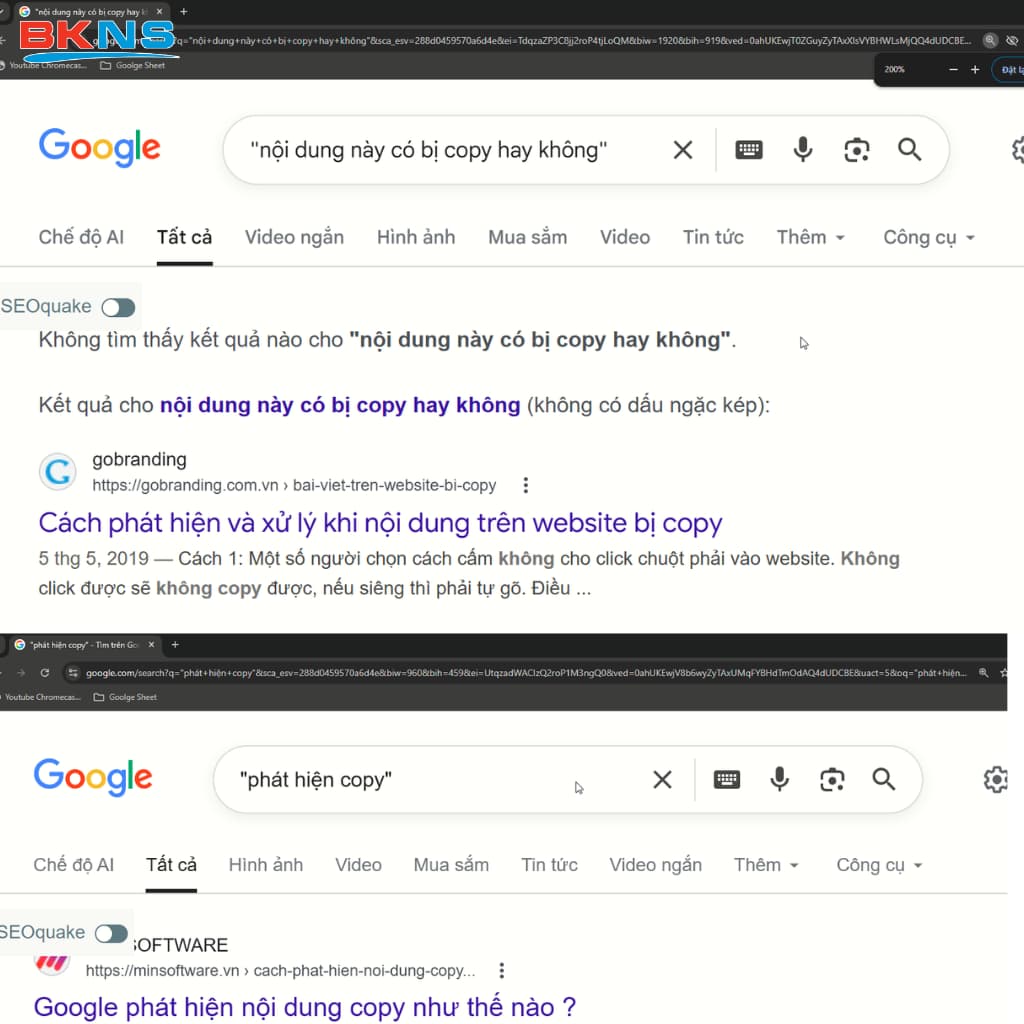 Google sẽ trả về chính xác những URL có chứa y hệt đoạn text đó. Nếu thấy một tên miền lạ hoắc xuất hiện, 90% là bài của bạn đã bị bế đi.