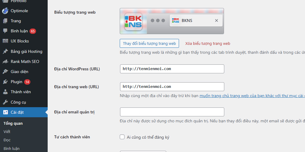 Giao diện General Settings