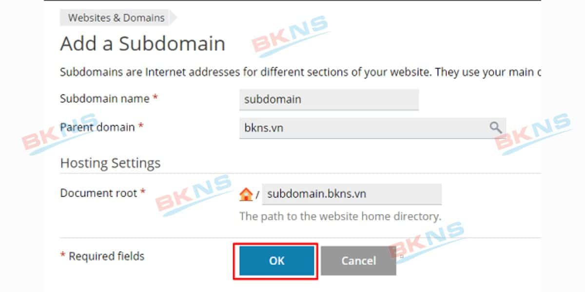 Bạn nhập tên subdomain và chọn OK