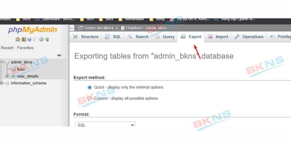 Chọn tab Export ở phần menu