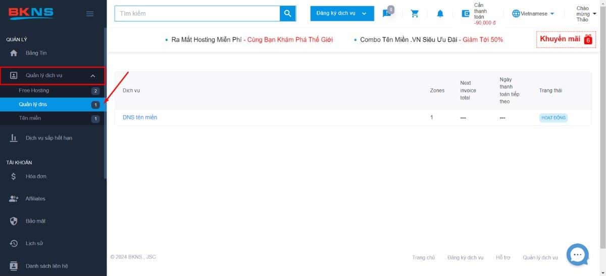 Đăng nhập trang quản lý dịch vụ 