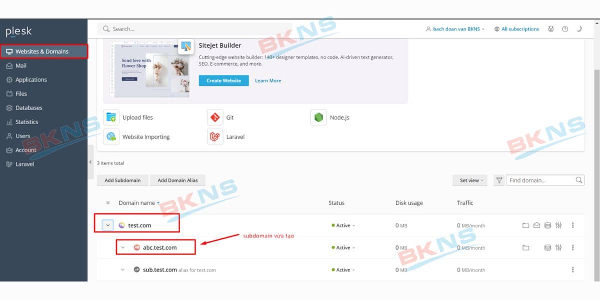 Kiểm tra subdomain tạo thành công chưa