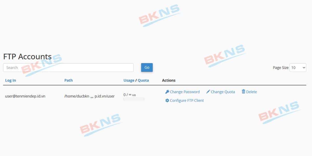 Thông tin FTP Account sau khi được tạo thành công