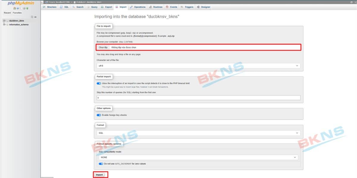 Thực hiện Import Database