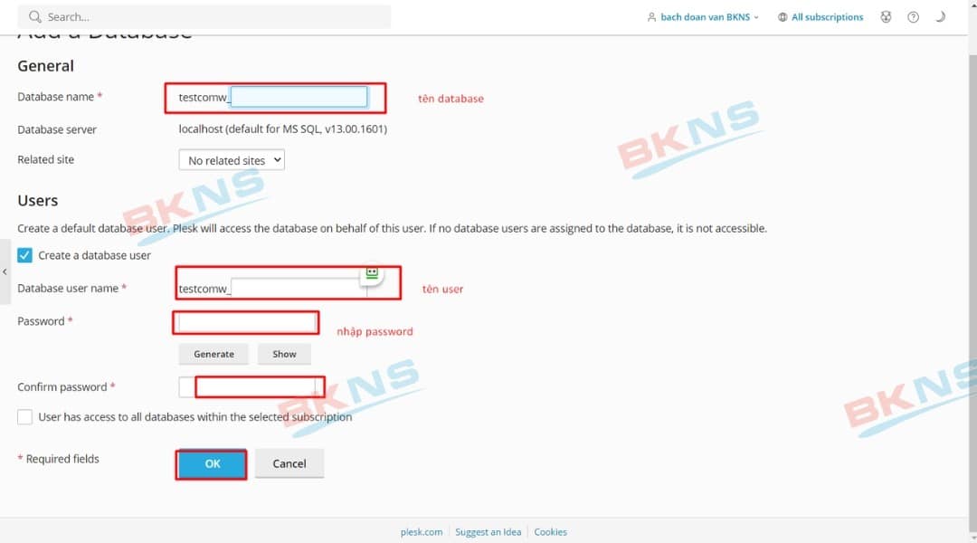 Nhập thông tin để tạo database