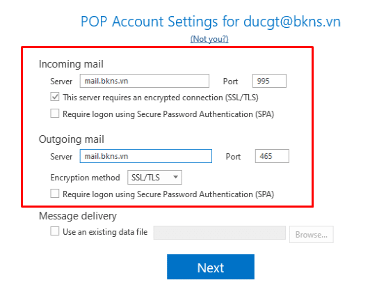 Điền theo mail ở phần Incoming mail và Outgoing mail