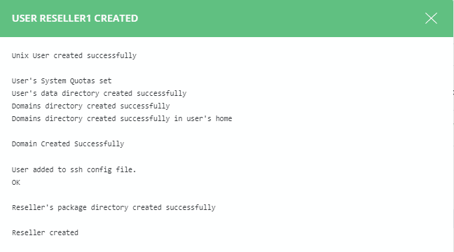 DirectAdmin thông báo hoàn thành tạo Reseller