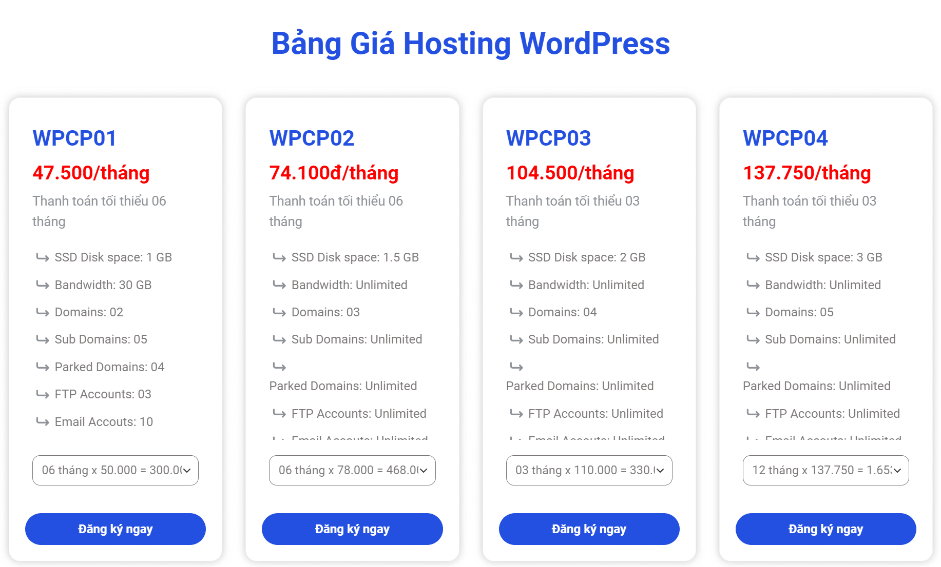 Bảng giá Hosting WordPress