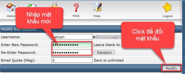 Nhập mật khẩu mới và click "modify" để đổi mật khẩu