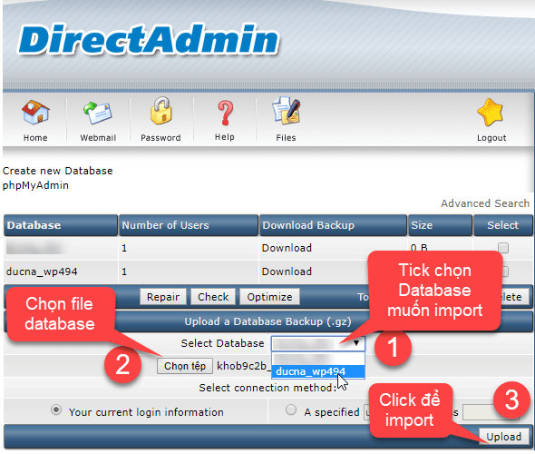 Để import database ta thao tác theo thứ tự như hình