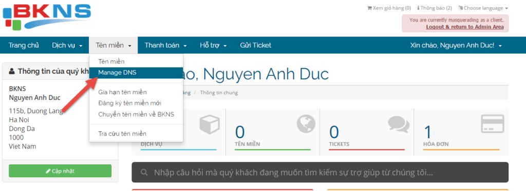 Vào phần tên miền, chọn vào Manage DNS