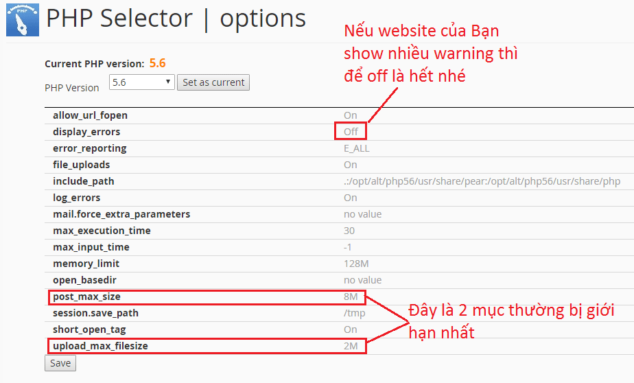 Giao diện cửa sổ PHP settings ( hình 2)