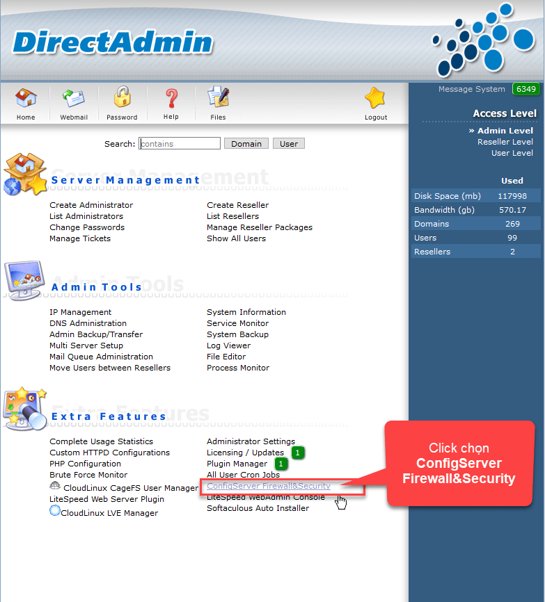 Truy cập Directadmin quyền admin