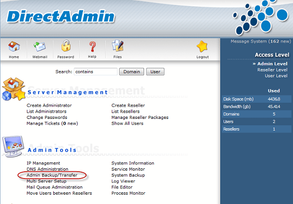 Đăng nhập DirectAdmin với quyền admin sau đó click vào Admin Backup/Transfer