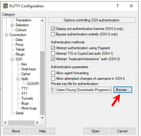 Click Browse chọn đến file Private key quý khách đã download