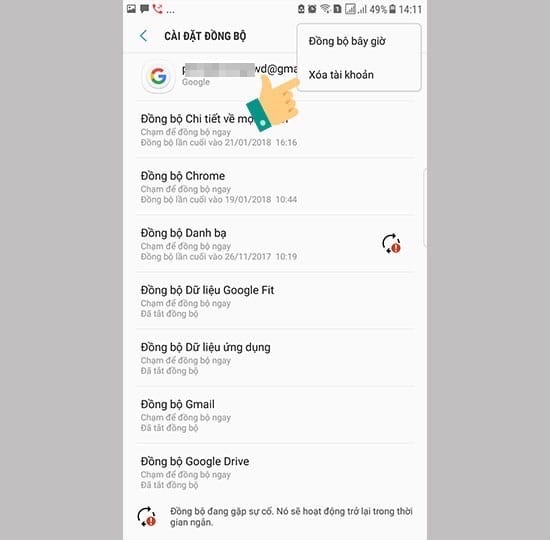 Chọn xoá tài khoản để hoàn thành đăng xuất email trên android