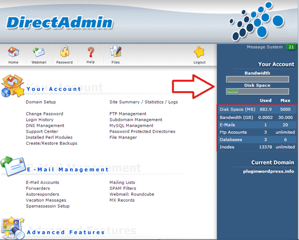 Đăng nhập Directadmin để kiểm tra dung lượng Hosting của website