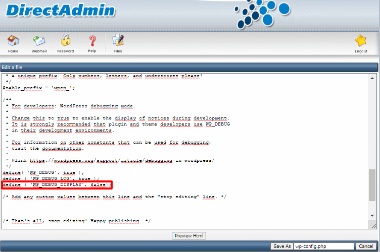 Bật debug wordpress trên Directadmin
