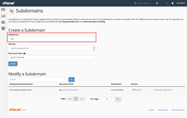 Điền Subdomain, chọn Domain chính, điều chỉnh Subdomain nằm trong thư mục của Domain chính và chọn Create
