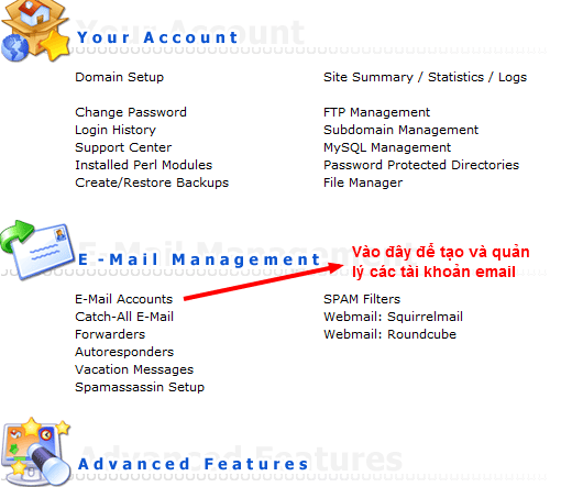 Đăng nhập vào email hosting chọn email account