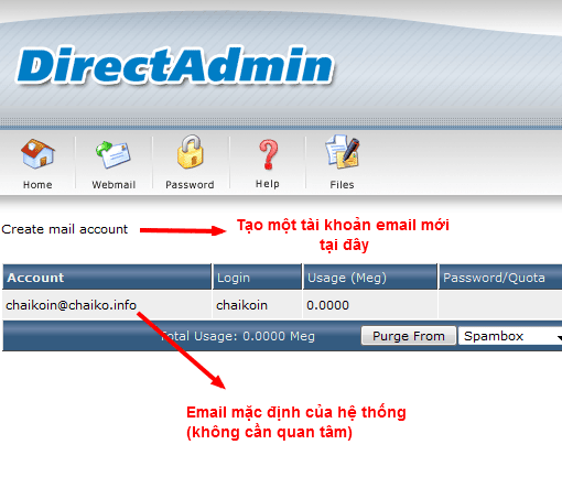 Chọn create mail account