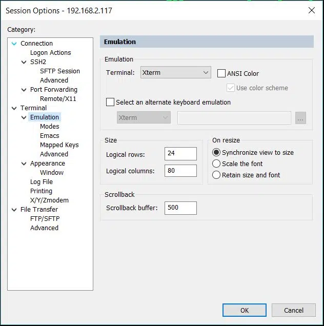 Đổi Emulation sang XTerm (mặc định là VT100) như hình trên sau đó kết nối lại phiên làm việc