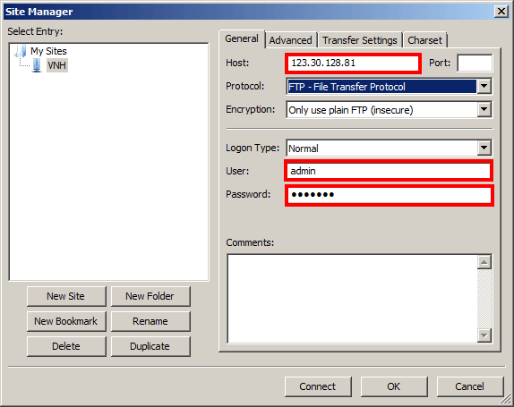 Điền các thông tin đăng nhập File Zilla thông tin Host, User, Password.