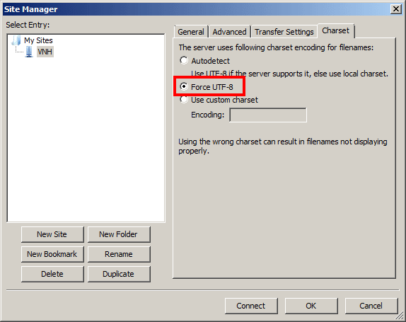 Chuyển sang Tab Charset chọn Force UTF - 8 sau đó nhấn Connect