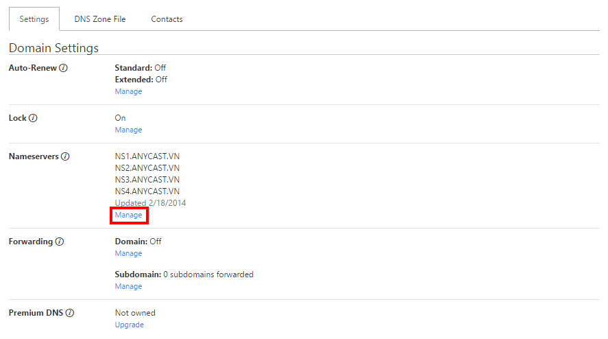 Nếu bạn muốn cập nhật DNS, click vào "Manage" ở phần Nameservers.