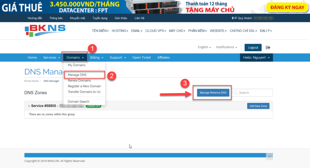 Quý khách vào mục Manage Reverse DNS như ảnh trên