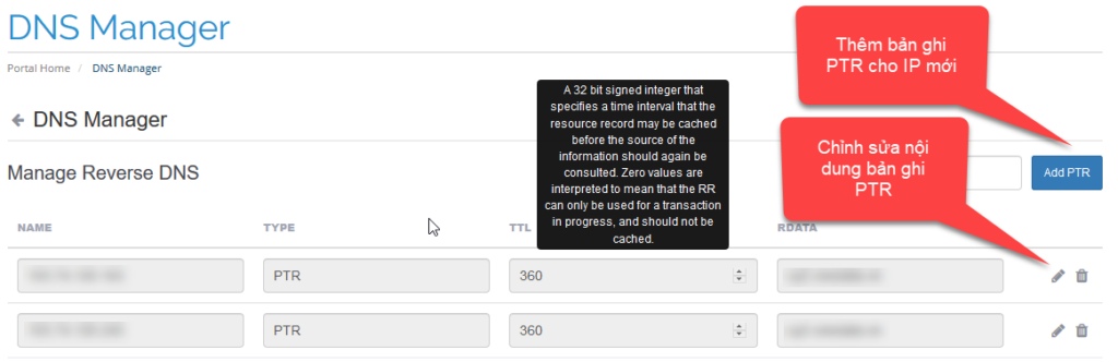 Chỉnh sửa bản ghi PTR đối với server có 1 IP