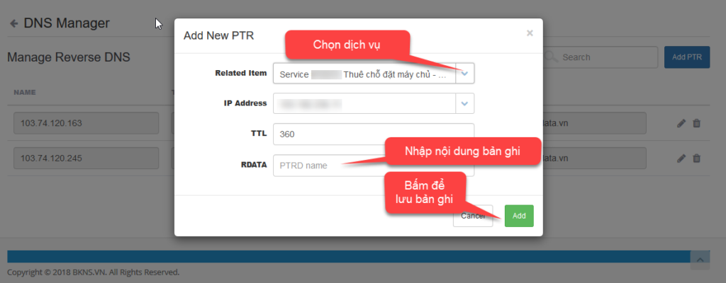 Thêm bản ghi PTR mới dành cho dịch vụ server nhiều IP