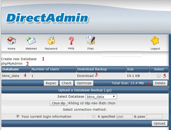 Thực hiện theo các bước trong hình để tạo và quản lý database