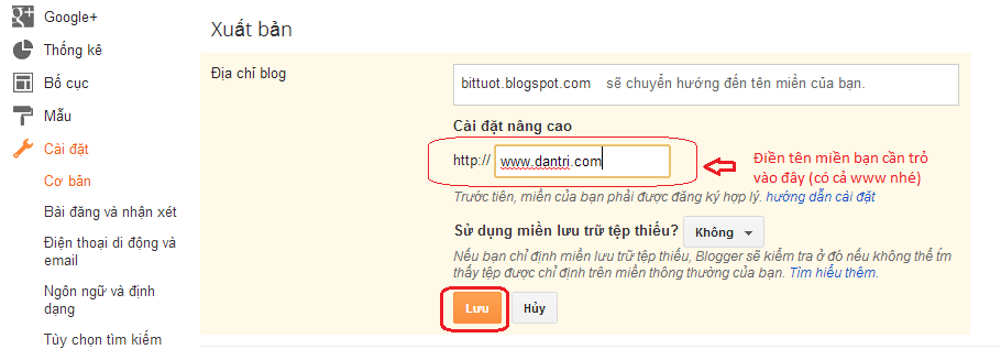 Điền tên miền cần trỏ vào phần cài đặt nâng cao rồi nhấn Lưu