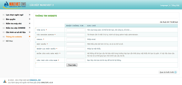 nhập thông tin website và thông tin quản trị của website.