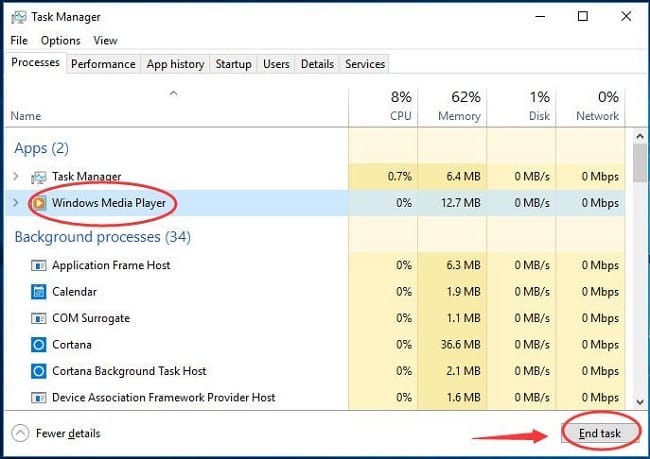 Kết thúc WMP trong Task Manager