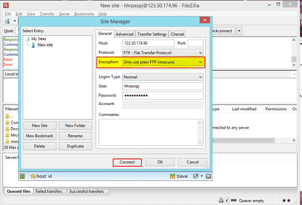 Chuyển phần Encryption sang Only use plain FTP và Connect 