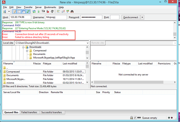 Lỗi kết nối FTP bằng FileZilla Failed to retrieve directory listing