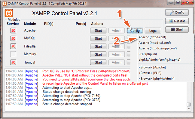 Mở bảng điều khiển XAMPP, chọn vào Config, chọn tiếp Apache(httpd.conf) 